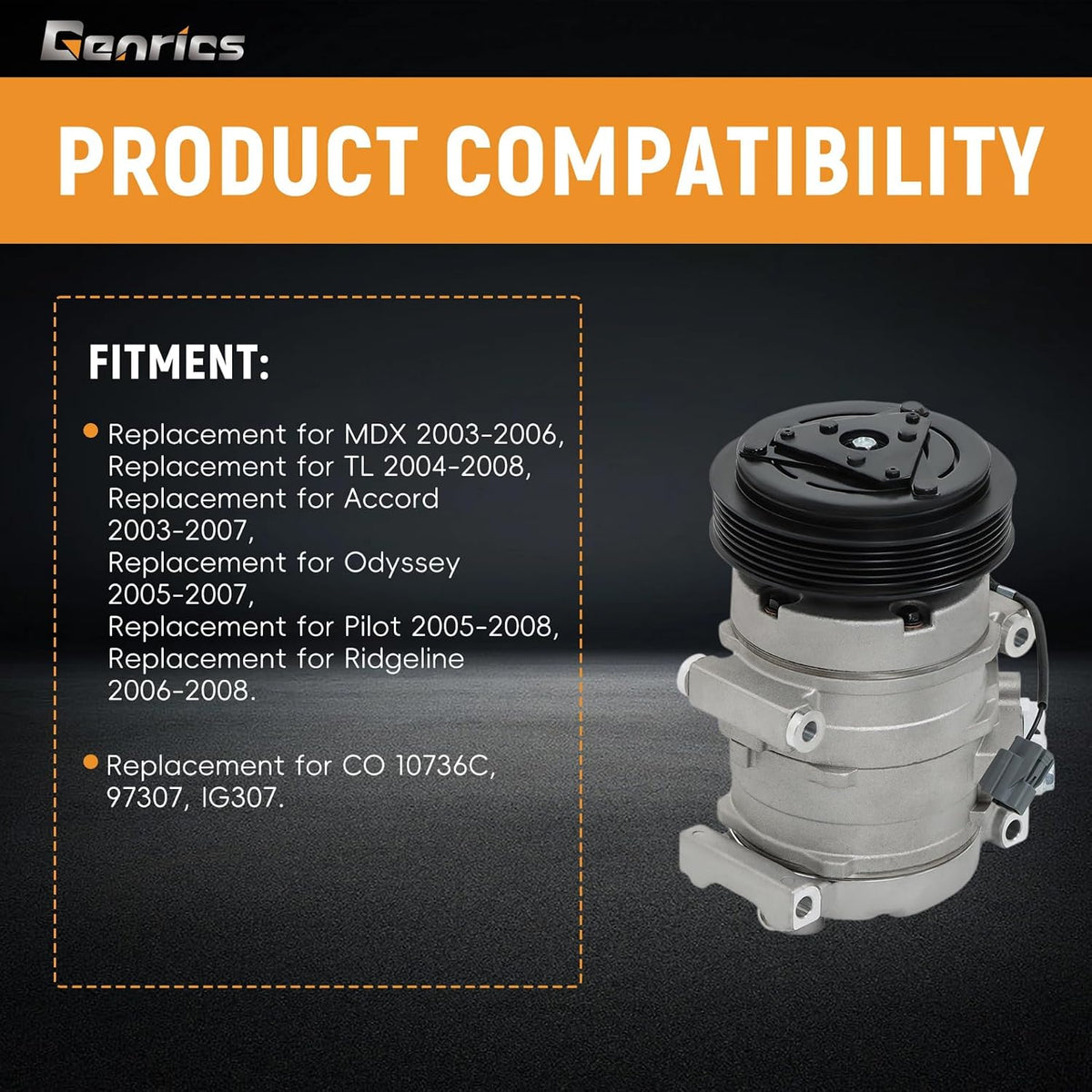 AC Compressor Replacement for MDX TL Accord Odyssey Pilot Ridgeline 2003-2008 CO 10736C 97307 IG307