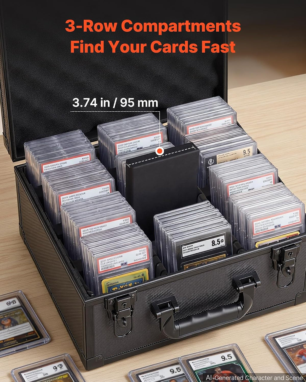 Graded Card Case 3 Row 180 PSA Slab Storage Box with Mechanical Lock, Baseball Sports Trading Cards Holder Collector
