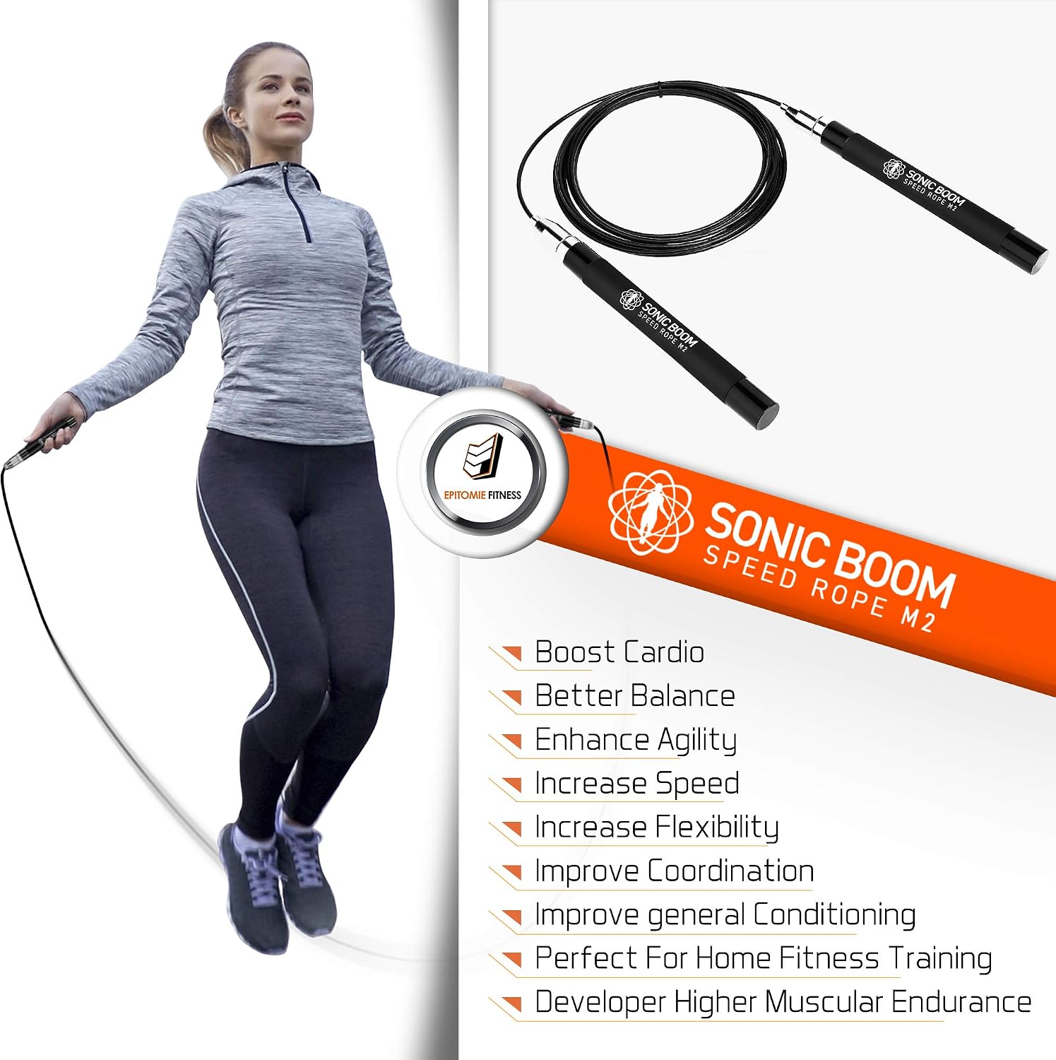 Sonic Boom M2 High Speed Jump Rope - Patent Pending Self-Locking, Screw-Free Design – Weighted, 360 Degree Spin