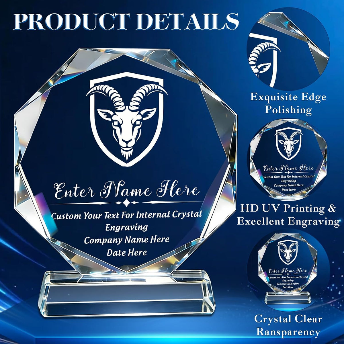 Customizable Crystal Award Trophy with Company Logo Text & Employee Name