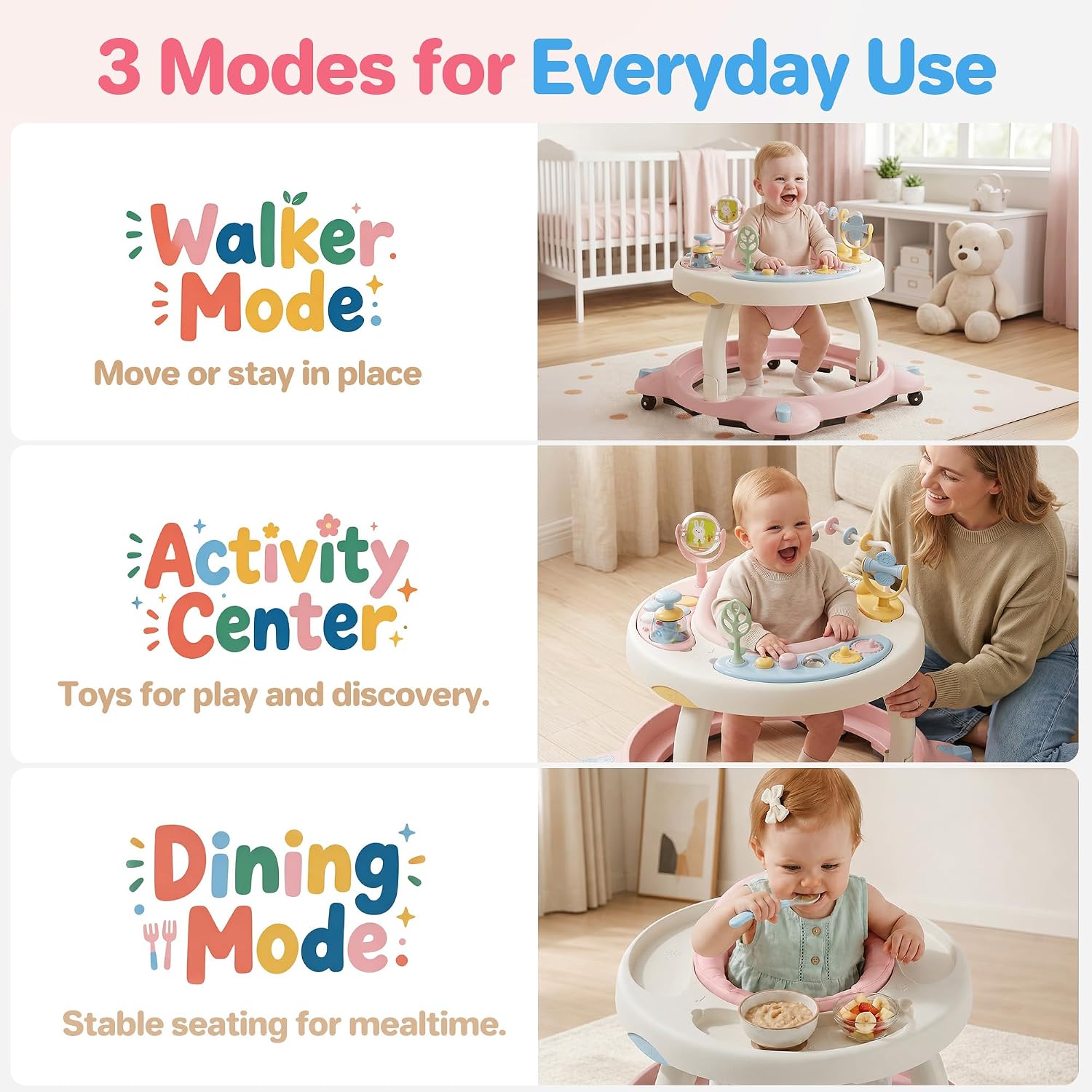 Baby Walker with Wheels,3-in-1 Foldable Infant Walker for Baby 6-12 Months,360° Rotating Seat with Activity