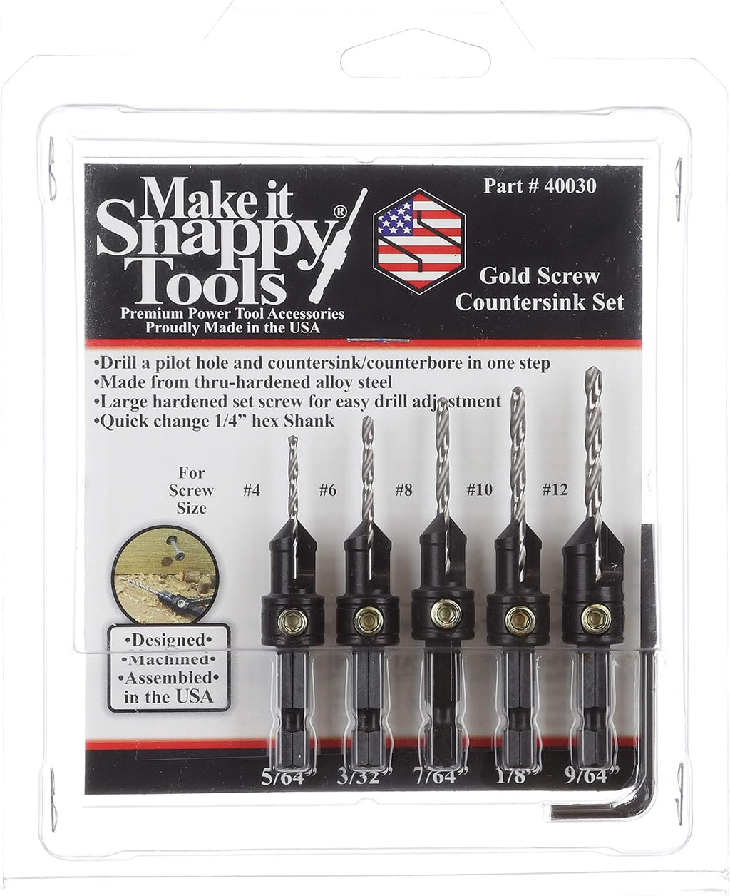 Snappy 5pc Gold Screw Countersink Drill Bit Set 5/64-9-64" USA