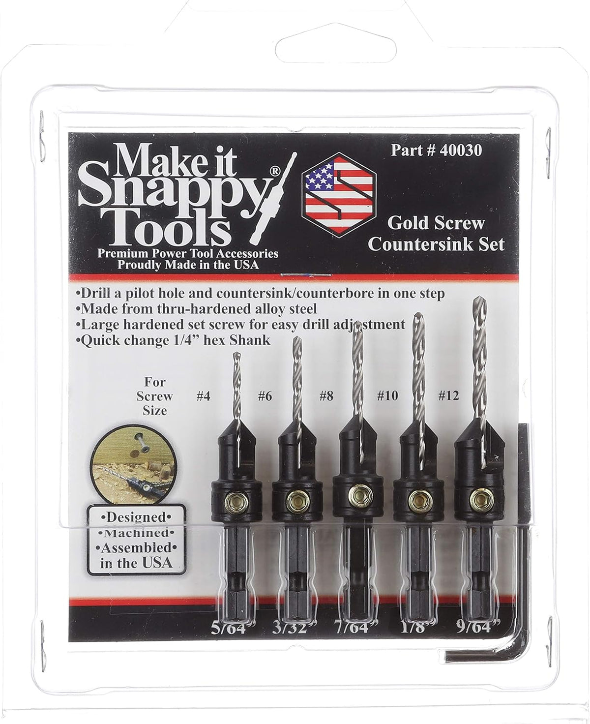 Snappy 5pc Gold Screw Countersink Drill Bit Set 5/64-9-64" USA