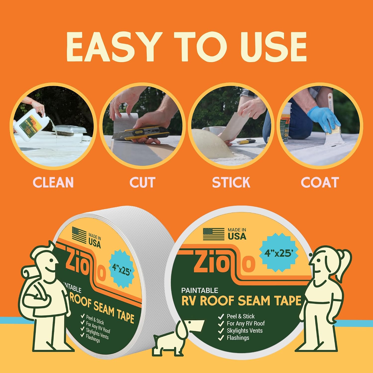 Paintable RV Roof Seam Tape with Roller - 4" x25' Leak Repair Tape for EPDM, TPO & Fiberglass - Compatible with All