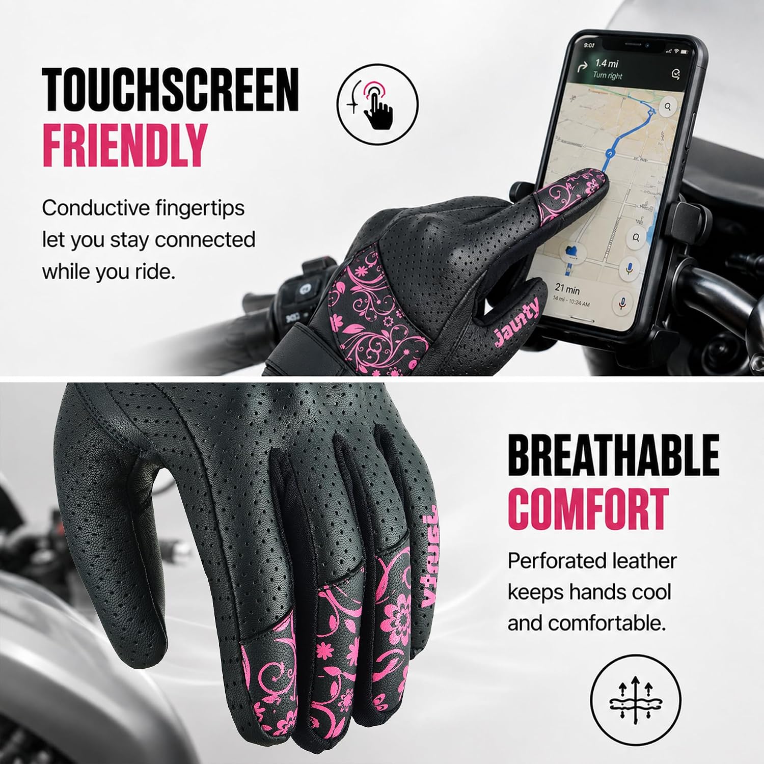 Motorcycle Gloves for Women, Leather Touchscreen Riding Gloves with Hard Knuckle Protection, Perforated Breathable