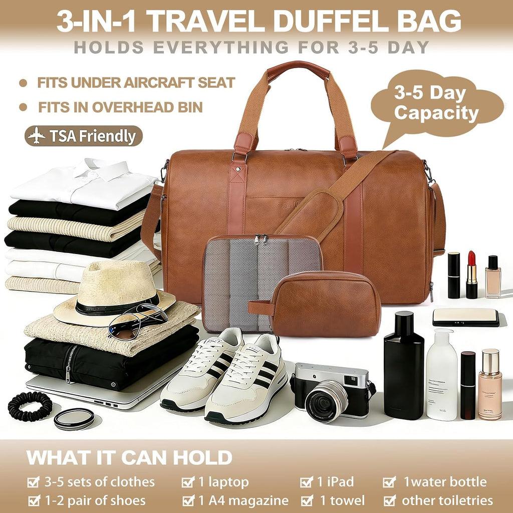 Large 3-in-1 Leather Duffle Bag for Travel Weekender Overnight Hospital Gym Bag for Men & Women, Carry On Airline