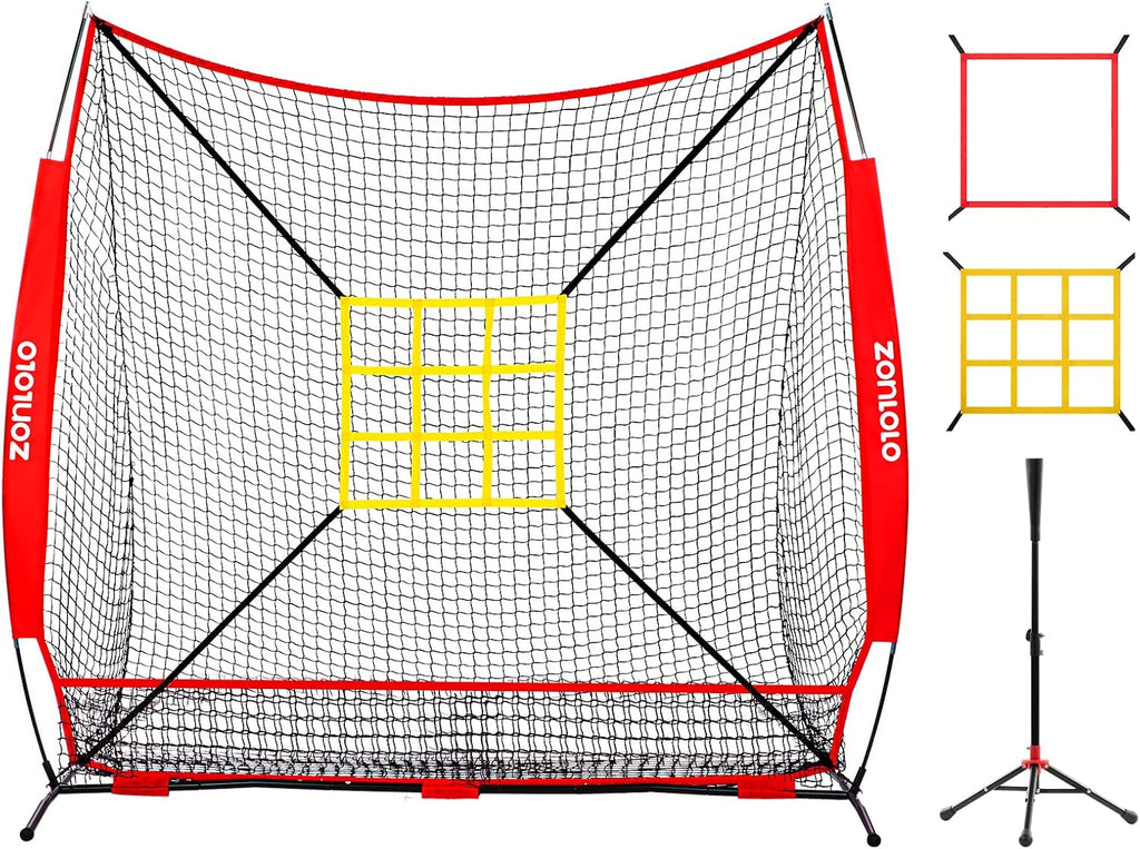 7x7 ft Baseball Net, Pitching & Batting Net with Batting Tee, Designed with Large Ball Collection System, 2 Strike