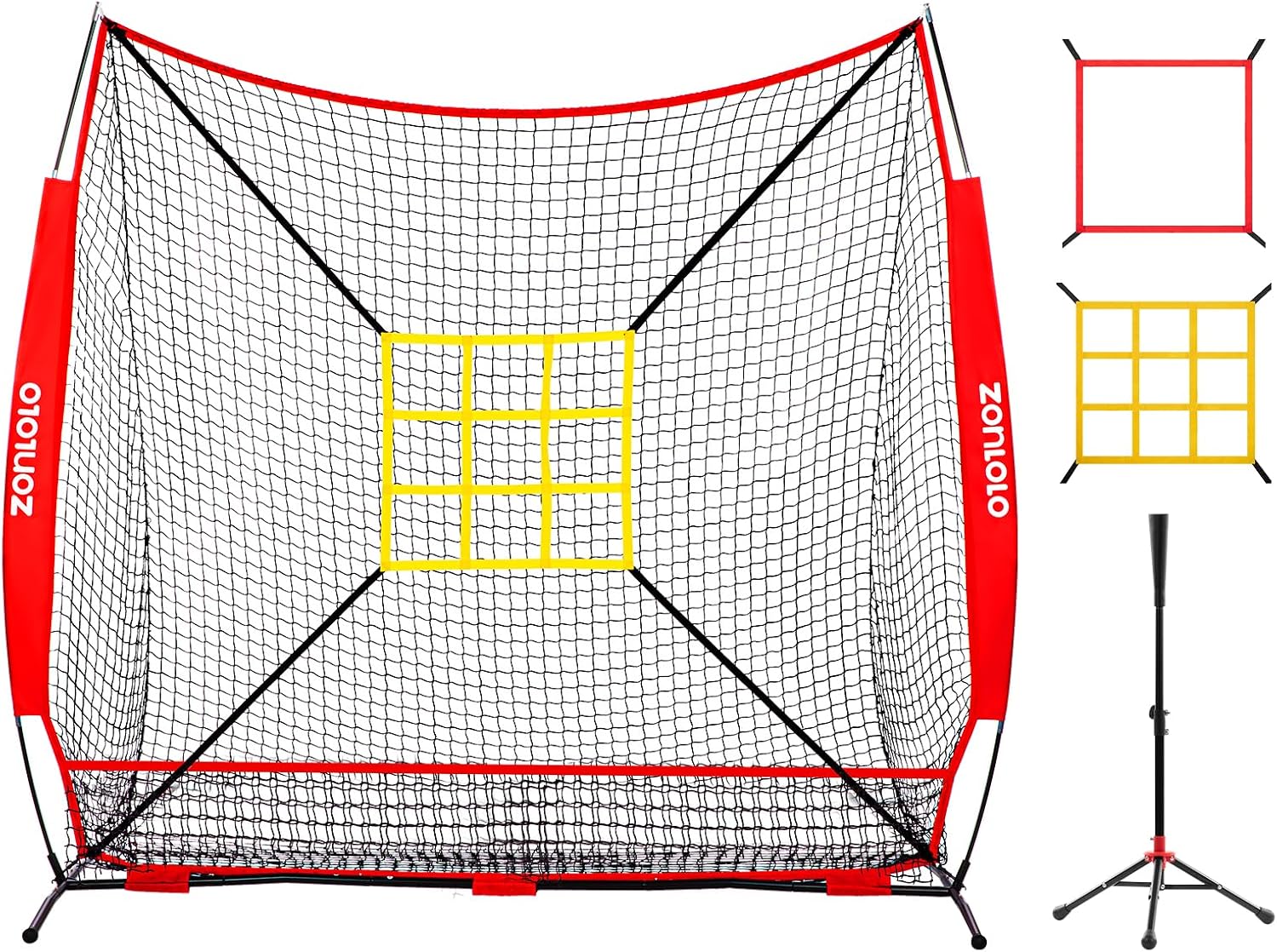 7x7 ft Baseball Net, Pitching & Batting Net with Batting Tee, Designed with Large Ball Collection System, 2 Strike