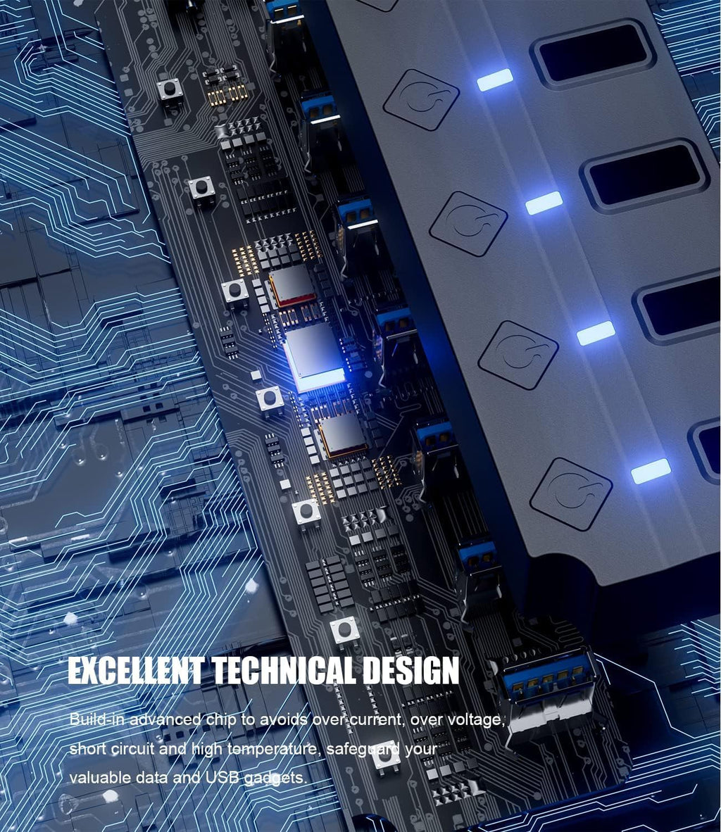 USB 3.0 Hub, 7-Port with Individual On/Off Switches & LED Indicators, 5Gbps High-Speed Data Hub for Laptop, PC