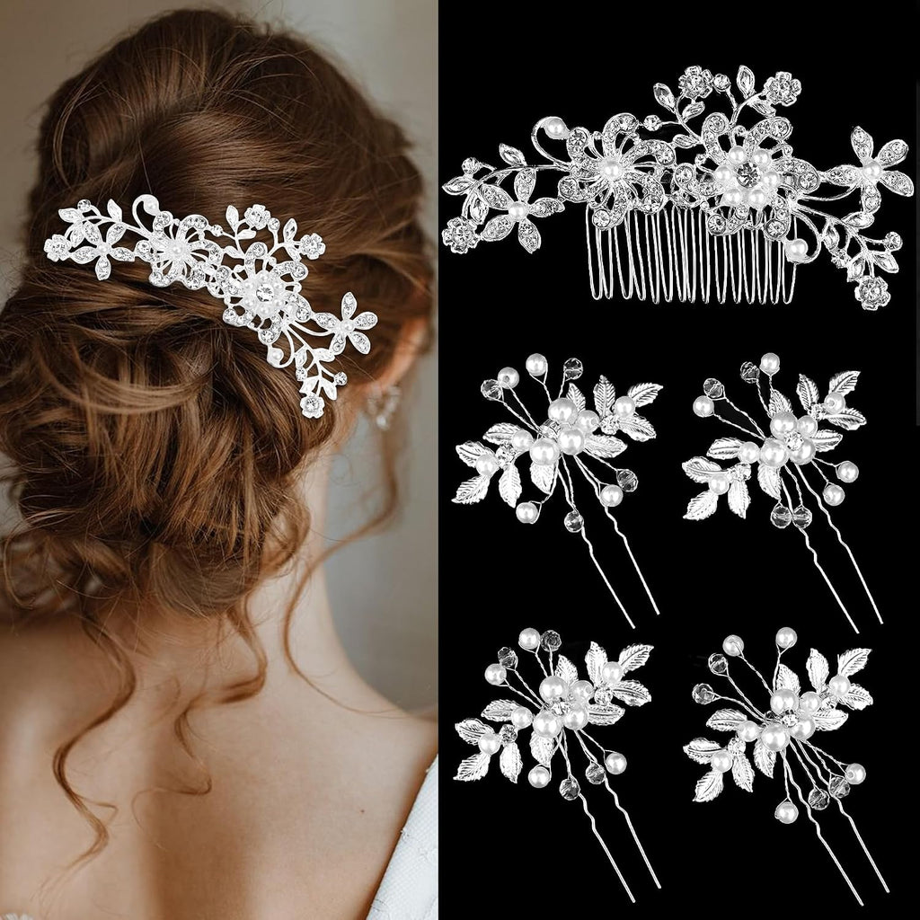 Wedding Bridal Hair Accessories 5Pcs Wedding Hair Pieces for Brides Silver Hair Pins Hair Comb Set Bride Accessory