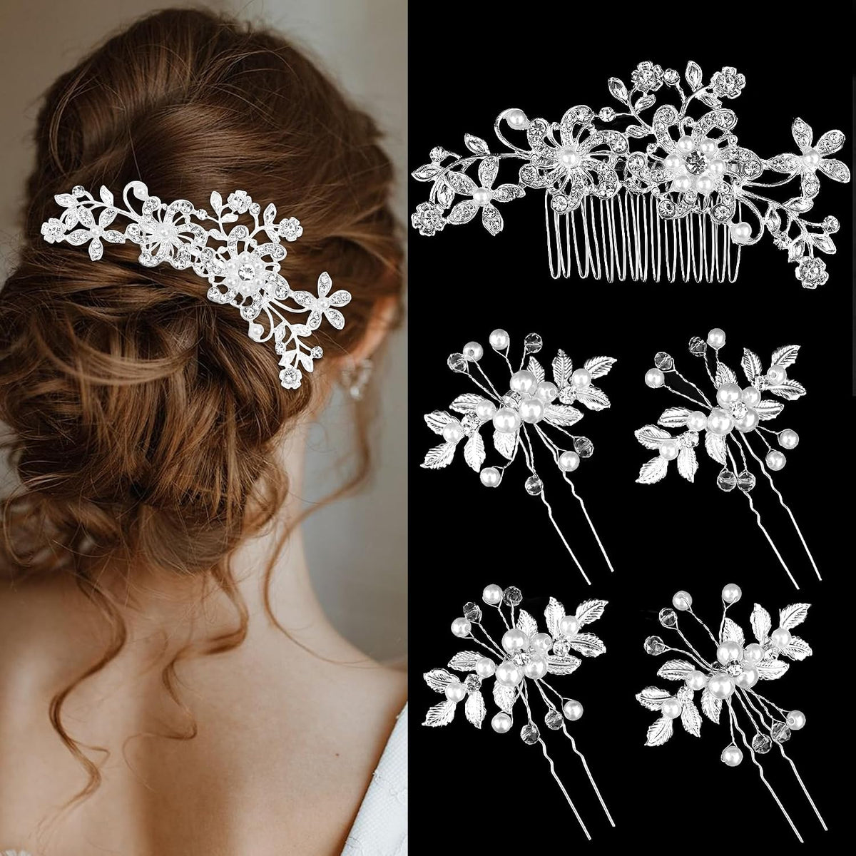 Wedding Bridal Hair Accessories 5Pcs Wedding Hair Pieces for Brides Silver Hair Pins Hair Comb Set Bride Accessory