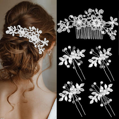 Wedding Bridal Hair Accessories 5Pcs Wedding Hair Pieces for Brides Silver Hair Pins Hair Comb Set Bride Accessory