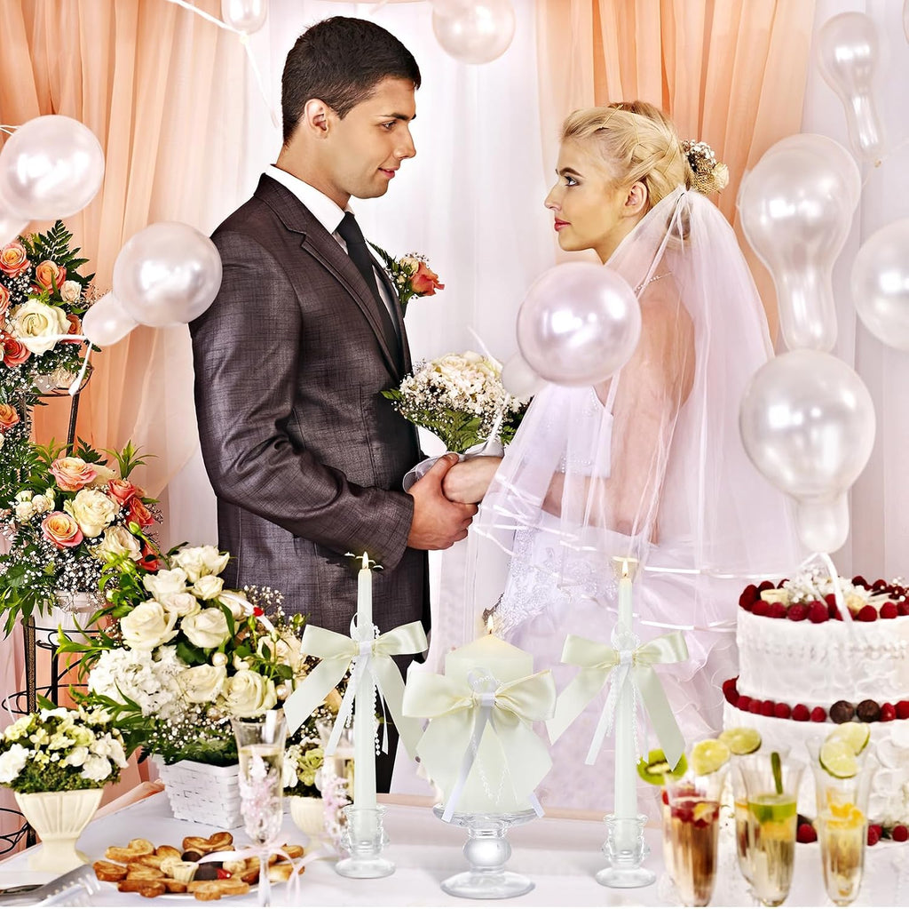 3 Pcs Unity Candles for Wedding with Bow and Holder, Ivory