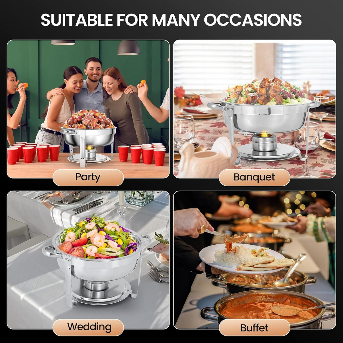 6QT Chafing Dishes for Buffet, 4 Pack Stainless Steel Round Chafing Dish Buffet Set, Heating and Cooling Buffet