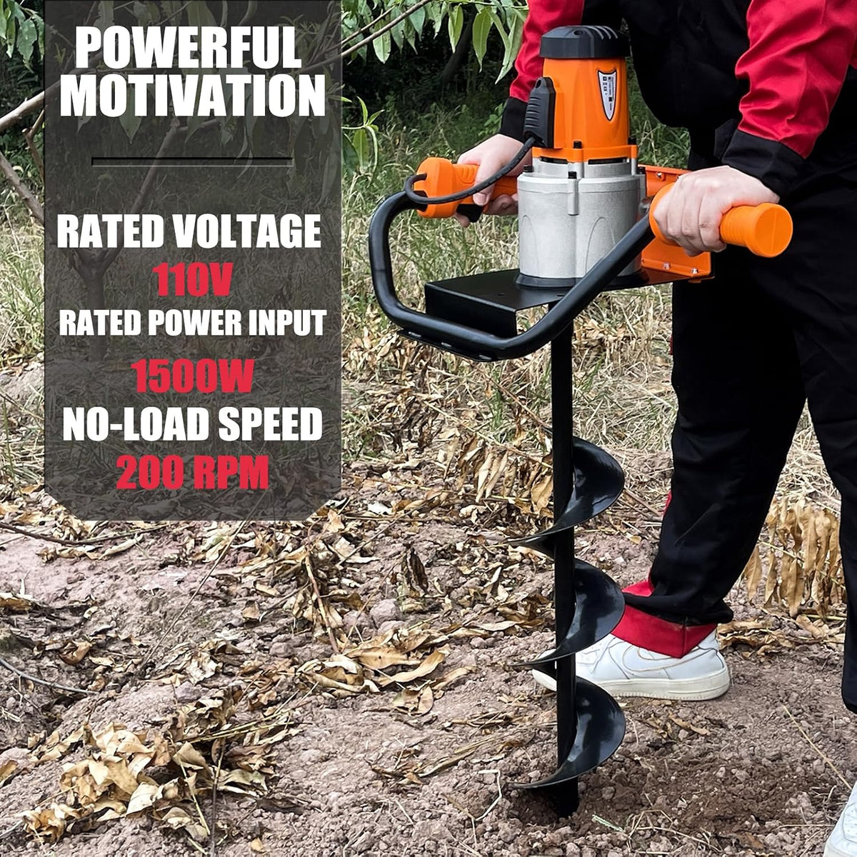 1500W Electric Post Hole Digger 6" & 4" Bits, No Bag, Orange | 110V, 1500W Motor, 200RPM, 90ft-lb, Anti-Vibration