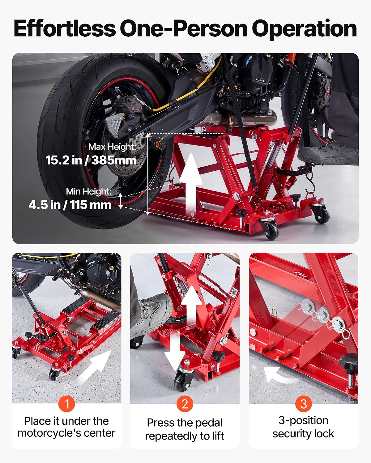 Hydraulic Motorcycle Lift Jack, 1500 lbs Capacity, ATV Lift Jack Portable Motorcycle Hoist Stand with 4 Wheels