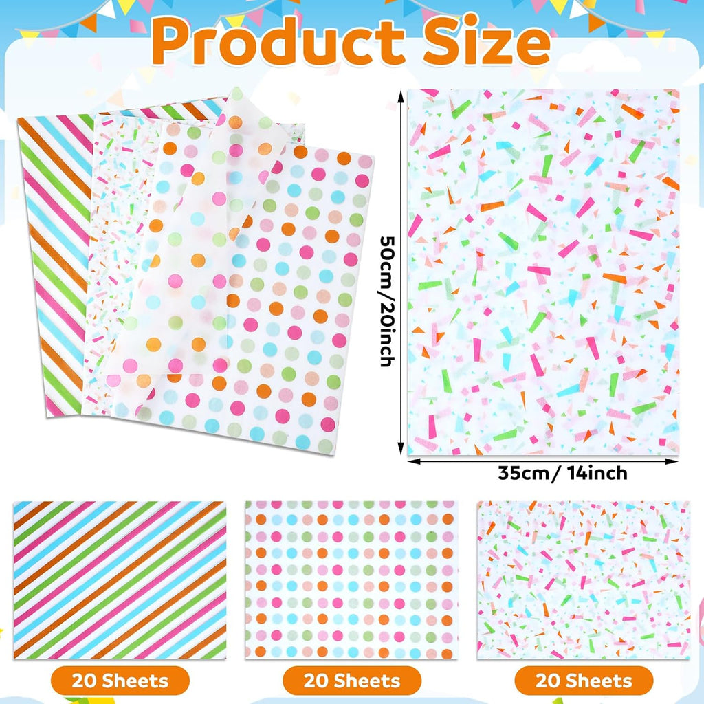 60 Sheets Rainbow Tissue Paper Polka Dot Stripe Confetti Bulk