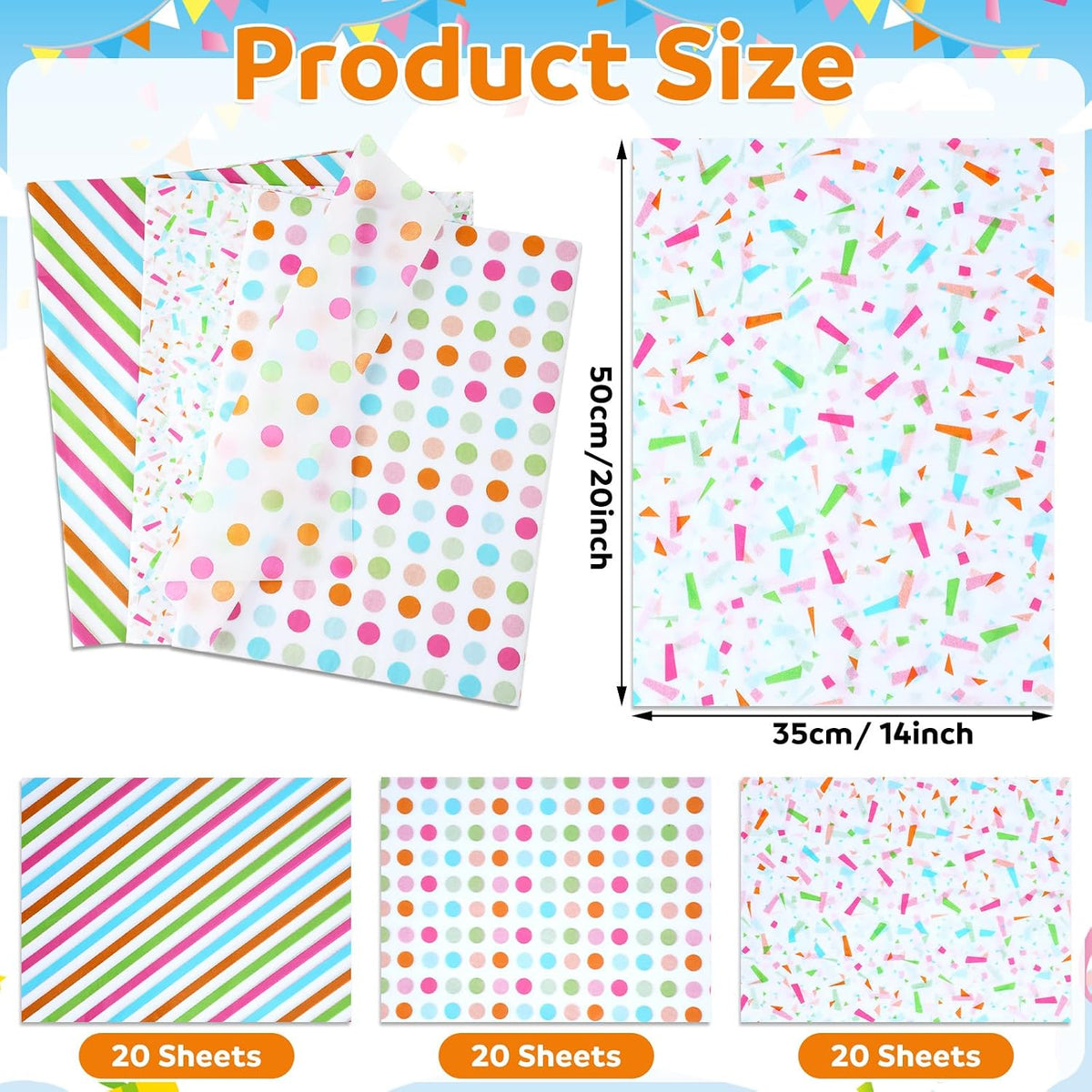 60 Sheets Rainbow Tissue Paper Polka Dot Stripe Confetti Bulk