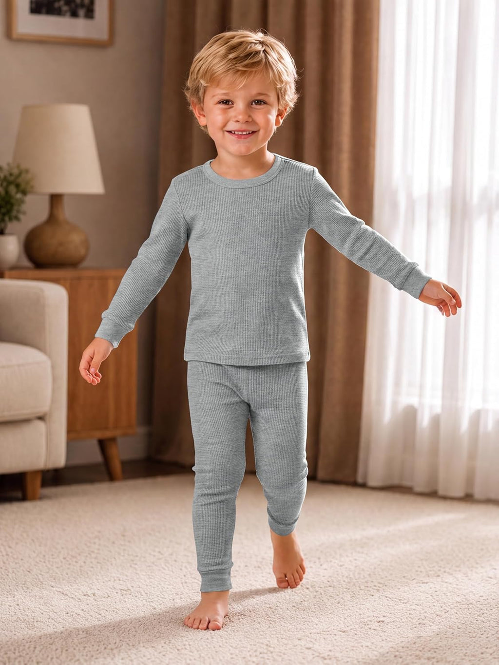 3 Set Thermal Underwear Set for Kids Waffle Long Sleeve Thermal Shirt and Long Johns for Toddler Boys