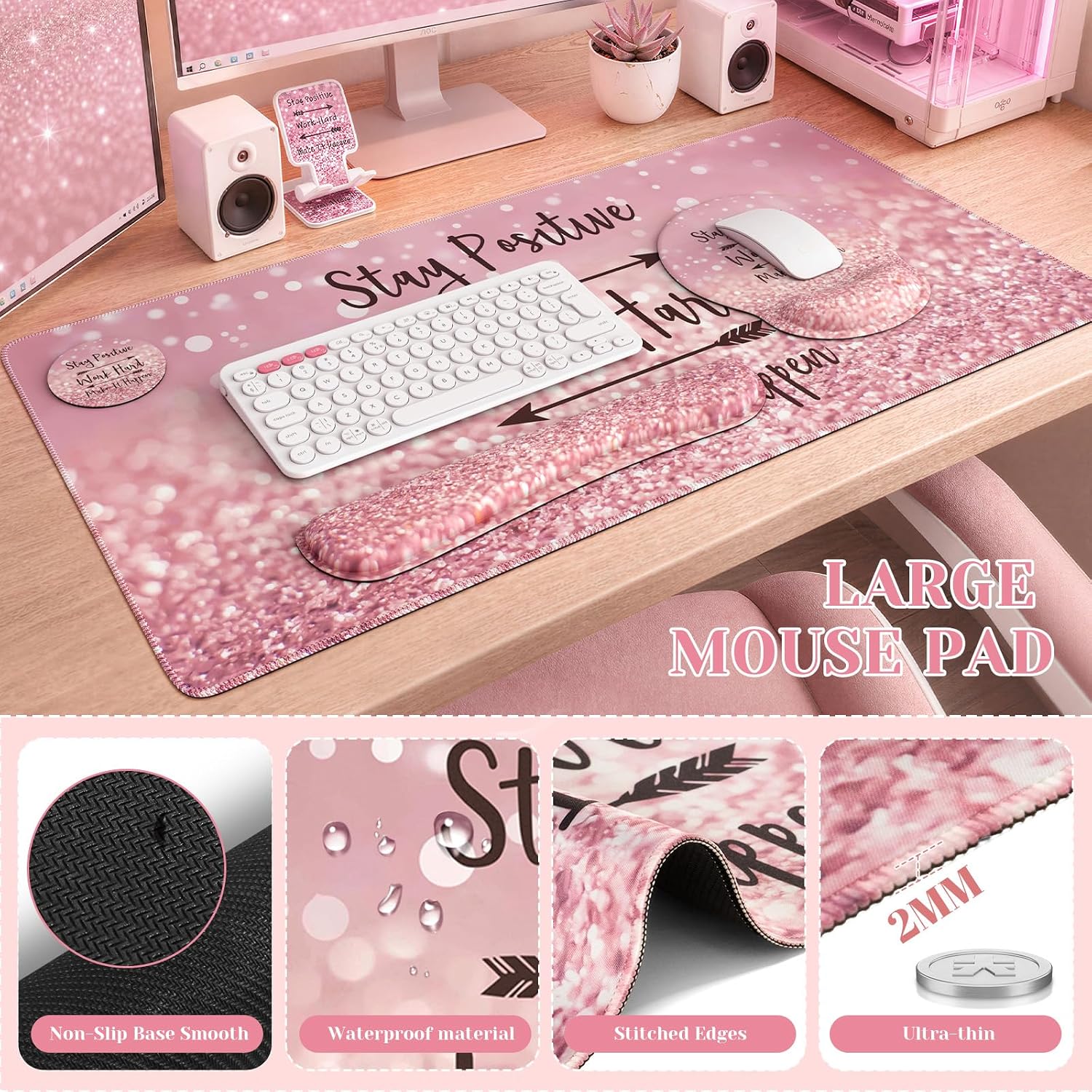 Pink Ergonomic Mouse Pad with Wrist Rests Set for Desk Accessories