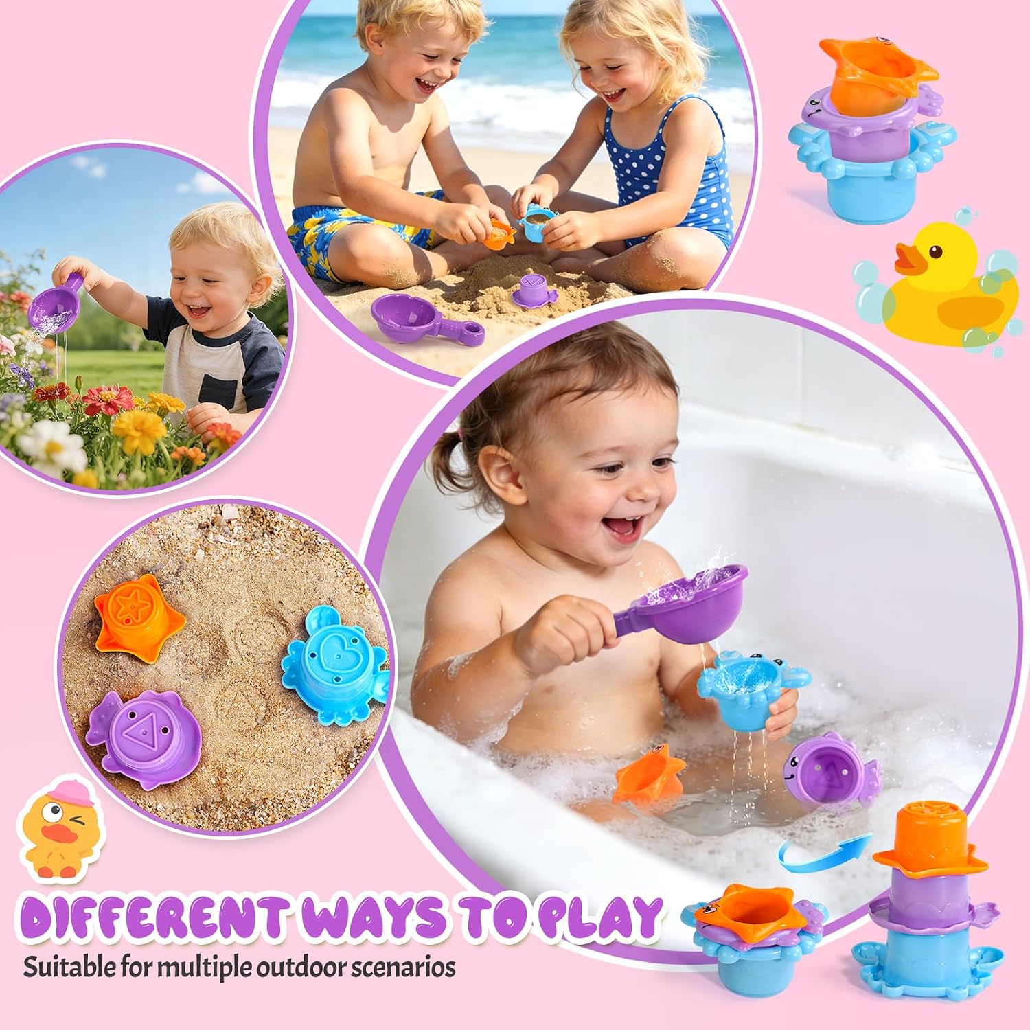 Toddler Bath Toys for Kids Ages 1-3 Waterfall Bathtub Toys for Toddlers 2-4 | with 3 Stacking Cups No Mold Baby Bath