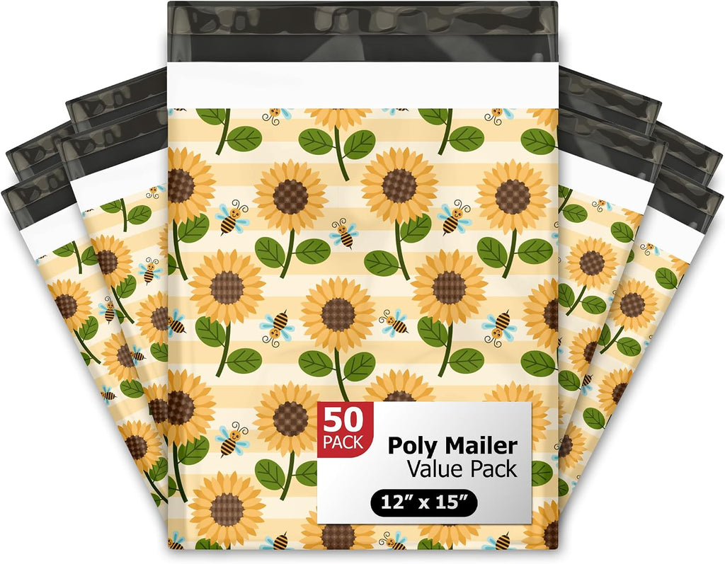 Sunflowers & Bees Designer Poly Mailers - 50 Packs 12"x15" - Ideal Waterproof Self-Sealing Polymailers