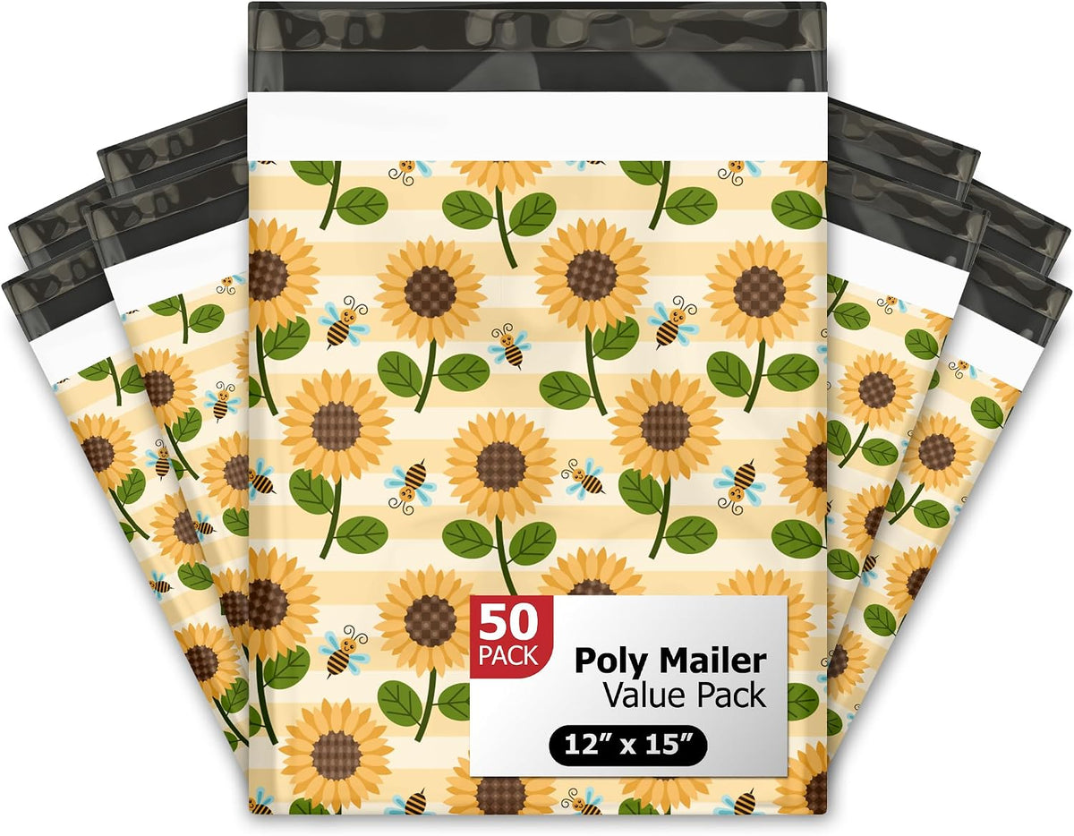 Sunflowers & Bees Designer Poly Mailers - 50 Packs 12"x15" - Ideal Waterproof Self-Sealing Polymailers