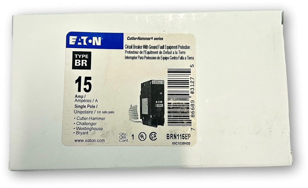 Eaton BRN115EP BR GFCI Circuit Breaker; 15A; Single-Pole; for 120V Applications; Plug-in Molded Case; 10 kAIC; 14-8 AWG Wire