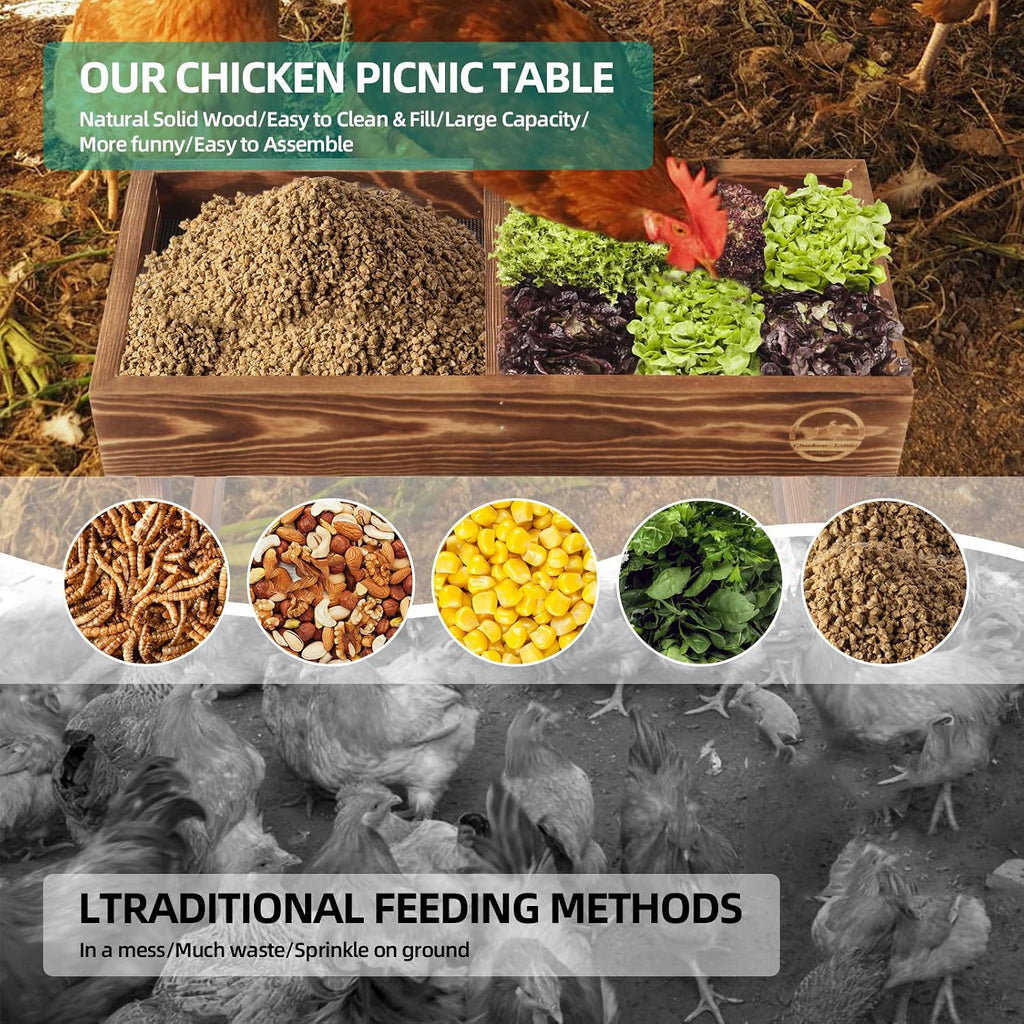 Chicken Table No Waste, Chicken Picnic Feeder Handmade Carbonized Wooden, Large DIY Chicken Feeder Kit, Wild Bird