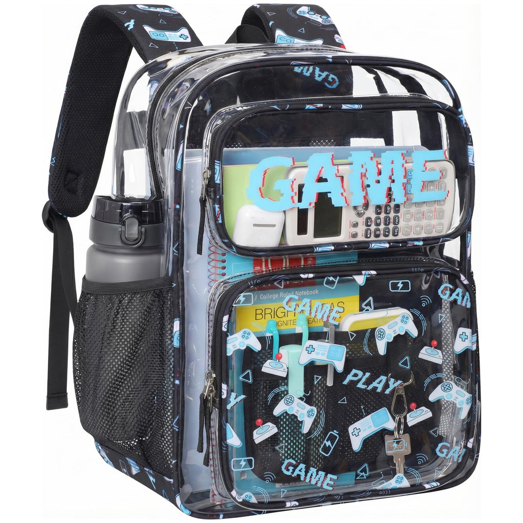 Clear Backpack for School - 17 Inch Game Patterned Bookbag, Black
