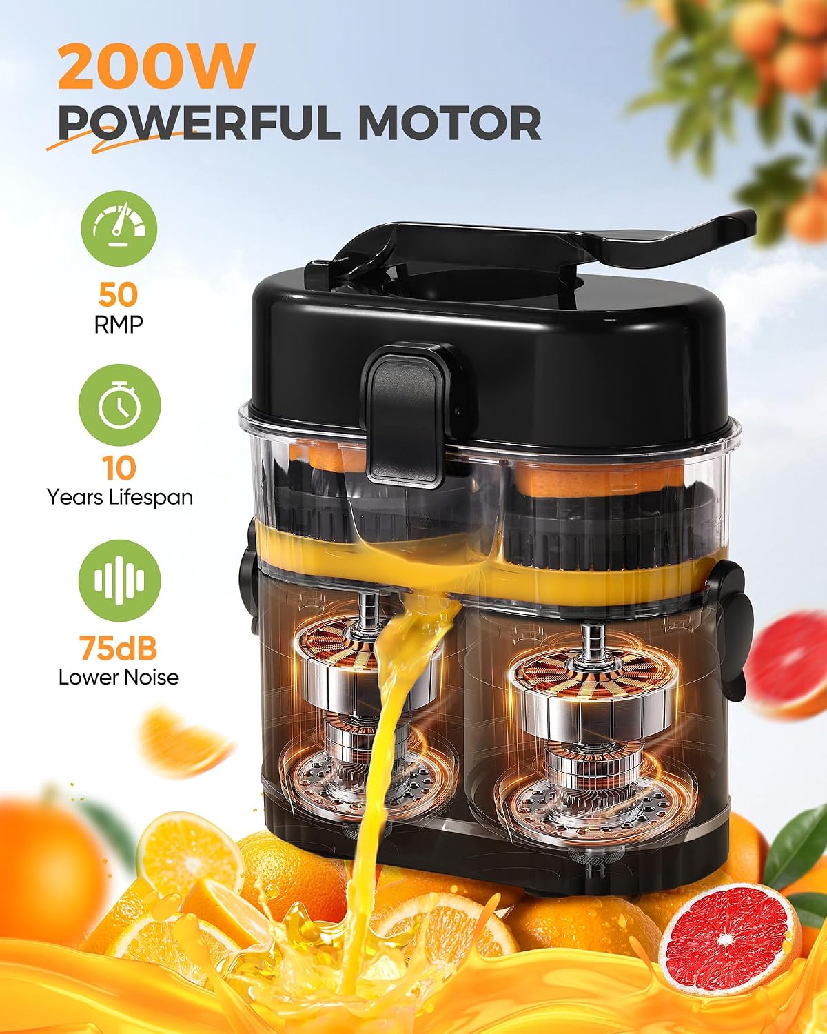 Dual-Head Electric Orange Juicer, Built-in Cutter Citrus Juicer Squeezer with Power Cord & Cleaning Brush, One-Touch