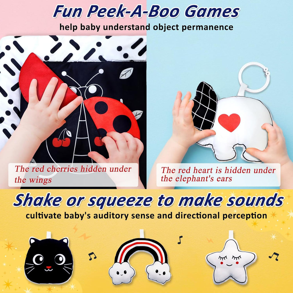 Black and White Baby Gym Play Mat with 6 Toys Tummy Time Activity Mat for Babies 0-6 6-12 Months High Contrast Baby