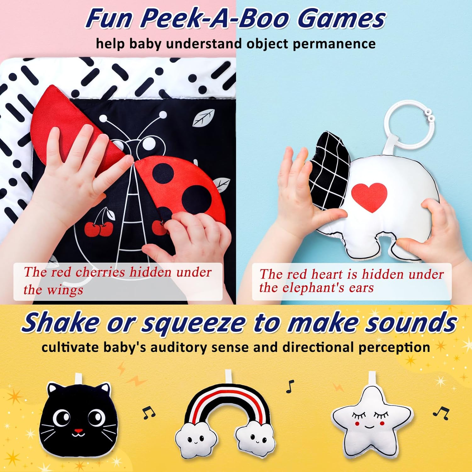 Black and White Baby Gym Play Mat with 6 Toys Tummy Time Activity Mat for Babies 0-6 6-12 Months High Contrast Baby