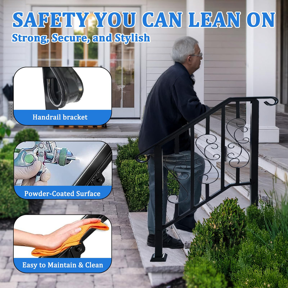 3 Step Hand Rails for Outdoor Steps Stair Handrail & Indoor Kit(2 Pack)