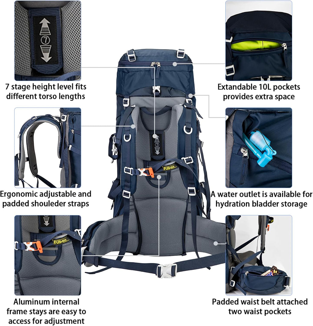 60L Internal Frame Hiking Backpack, Rain Cover Included | Camping Backpack Made from 600d Nylon, 7-Stage Torso Fit