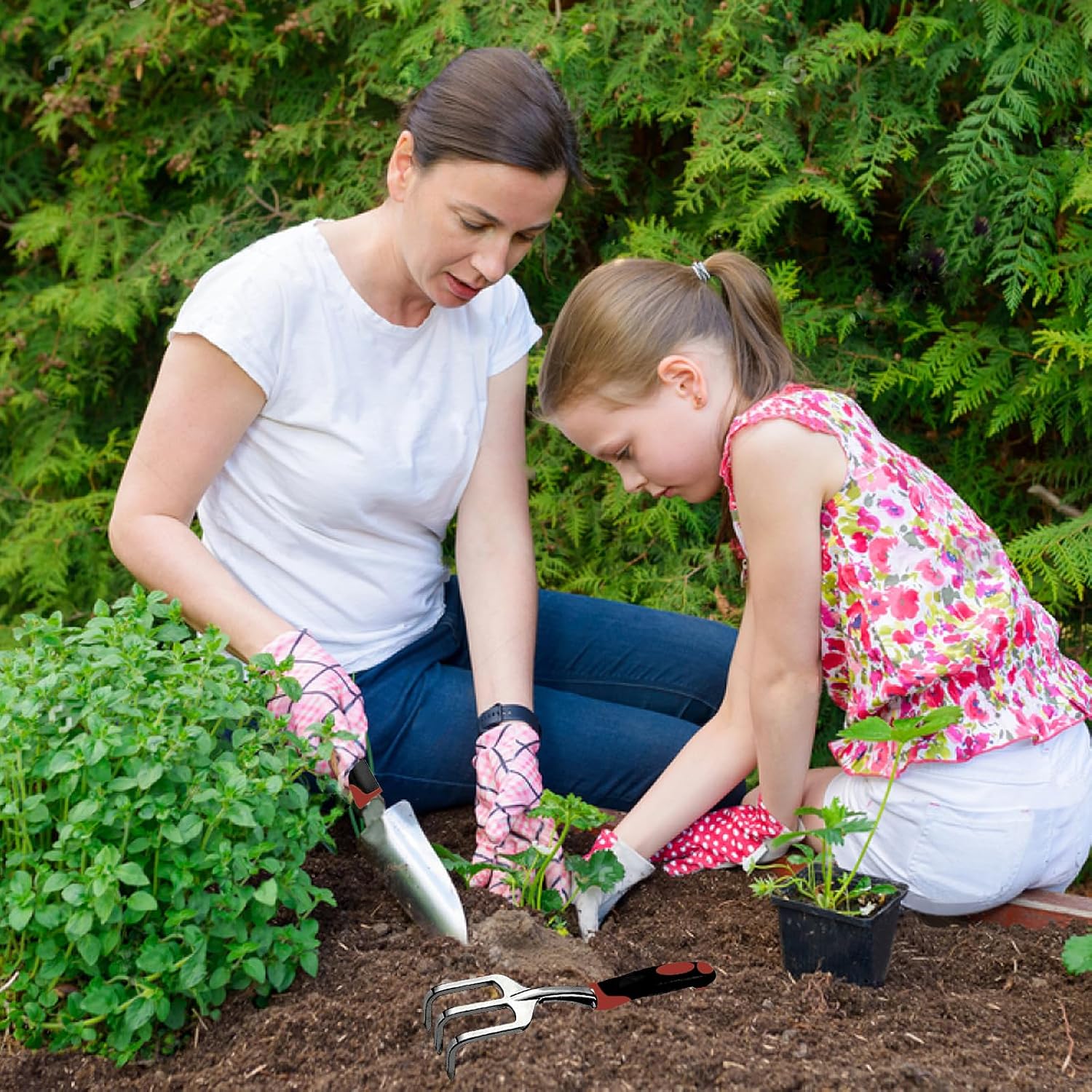 Garden Tool Set, 3 Piece Gardening Tools Includes Garden Trowel, Transplant Trowel and Hand Rake with Non-Slip