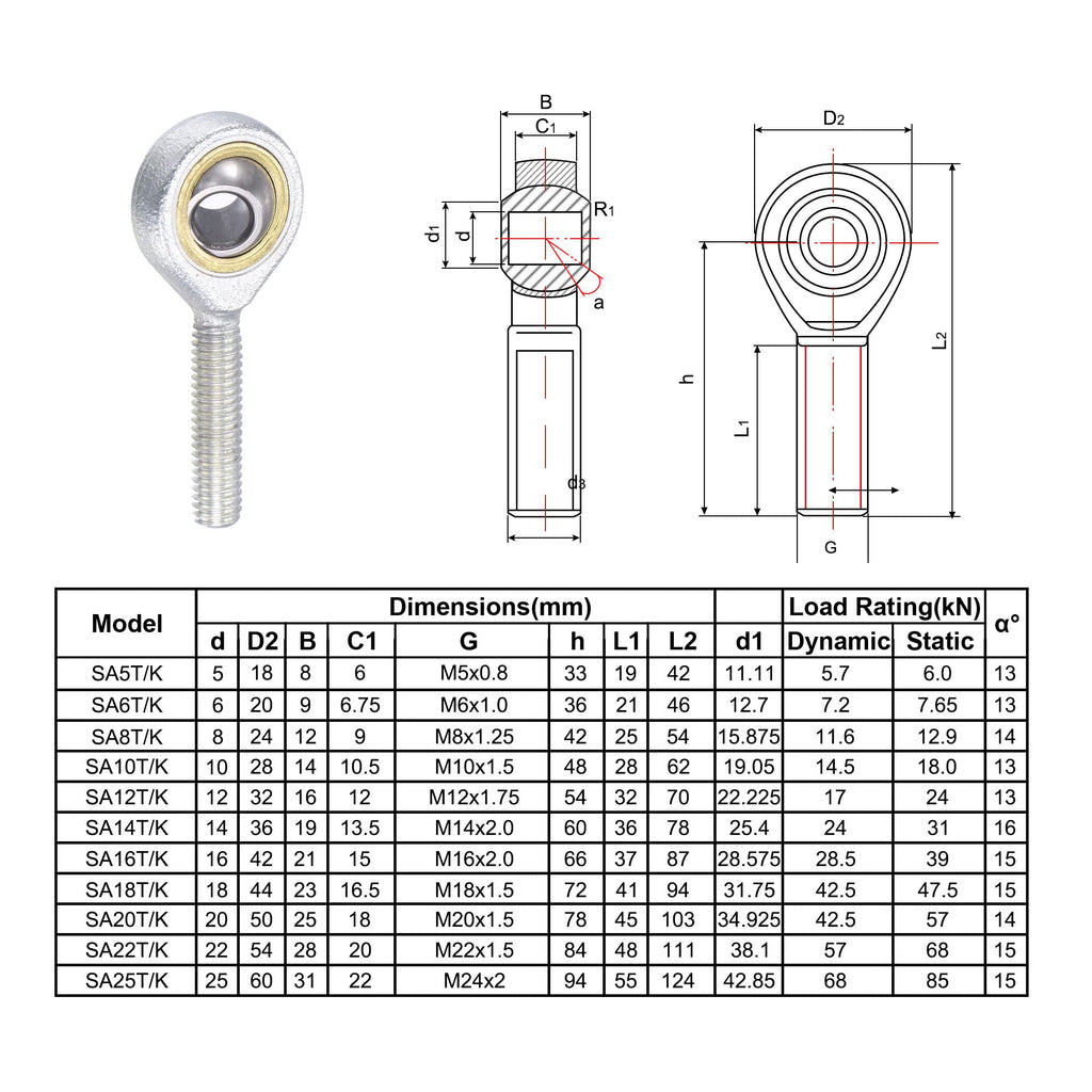 uxcell 2pcs SA14TK POSA14 Spherical Rod End Bearing 14mm Bore Self-Lubricated Joint Bearing M14x2.0 Left Hand Male Thread Connector