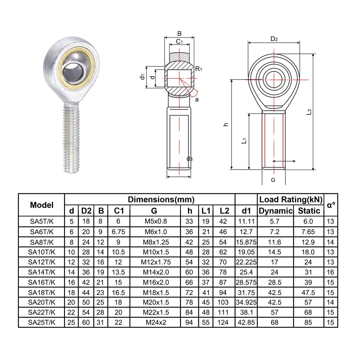uxcell 2pcs SA14TK POSA14 Spherical Rod End Bearing 14mm Bore Self-Lubricated Joint Bearing M14x2.0 Left Hand Male Thread Connector