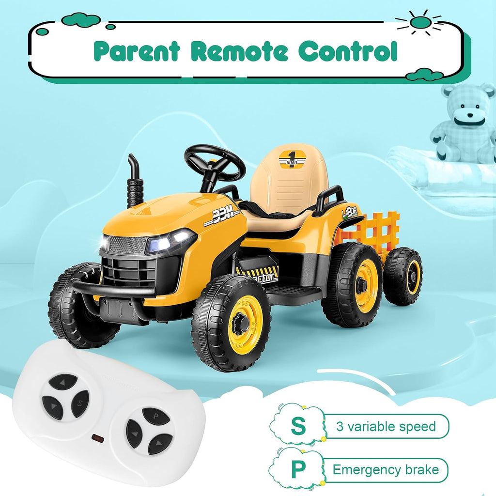 Ride On Tractor with Tiltable Trailer, 12V Battery Powered Ride On Toy w/Parent Remote Control, Music Player &