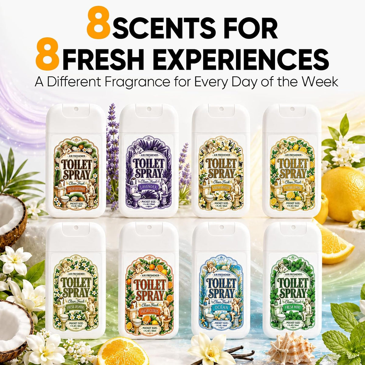Travel Size Toilet Spray, Bathroom Odor Deodorizer, 8 Pack, 8 Scents