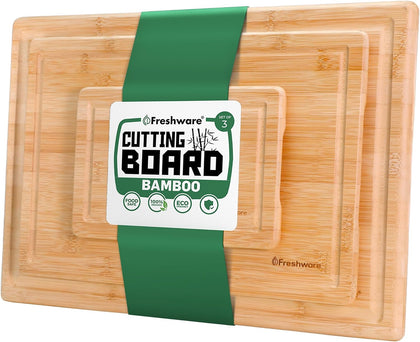 Wood Cutting Boards for Kitchen - Bamboo Cutting Board Set of 3, Cutting Boards with Juice Grooves, Serving Board