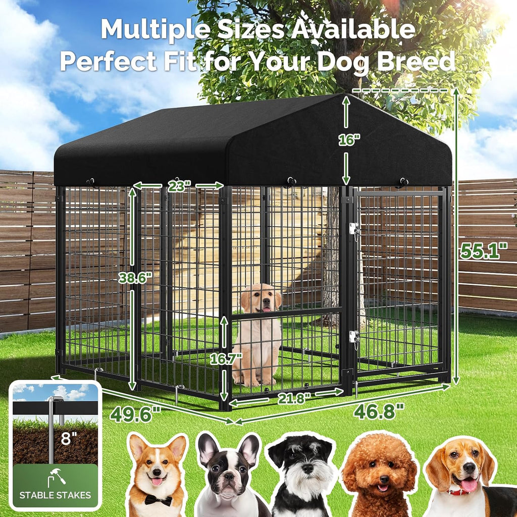 4x4x4.6FT Dog Kennel Outdoor, Dog Run Enclosure Outside Dog Kennel with Roof, Heavy Duty Outdoor Kennel Pen with