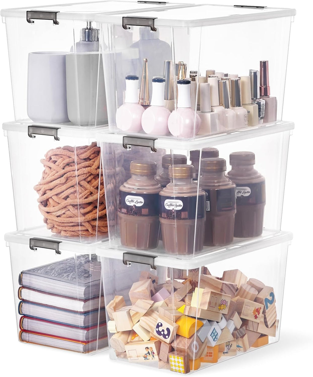 7.8 QT 6 Pack Small Storage Bins Plastic Storage Container Stackable Box with Lids for Organizing, Clear White