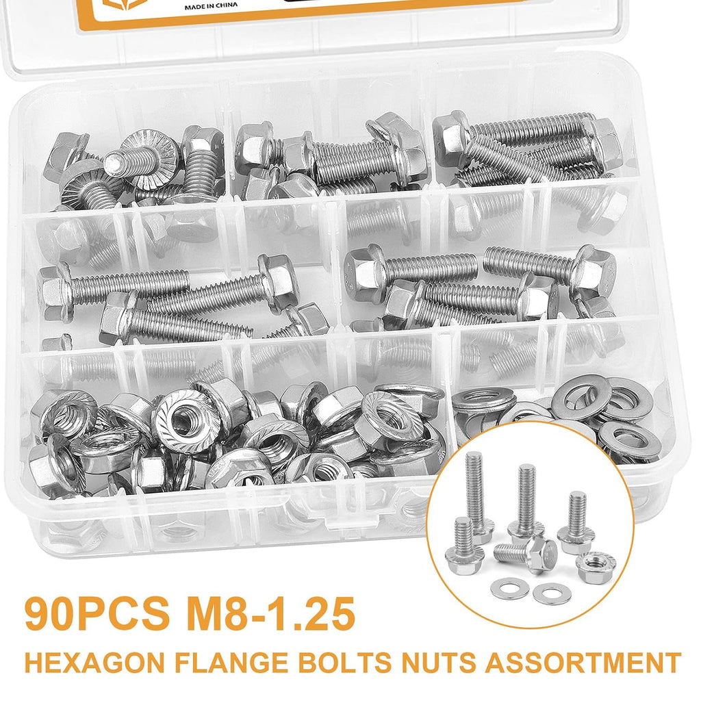 VIGURE 90PCS M8-1.25 Flange Hex Bolts Screws Serrated Flange Nuts Washers