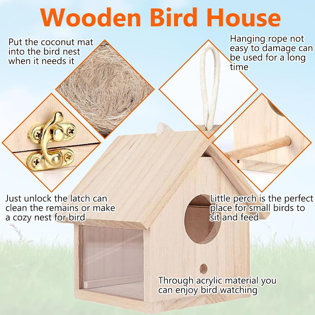 Wooden Bird House Transparent Outdoor Bird House Hanging Nests Box Garden Patio DIY Decorative for Wren Swallow
