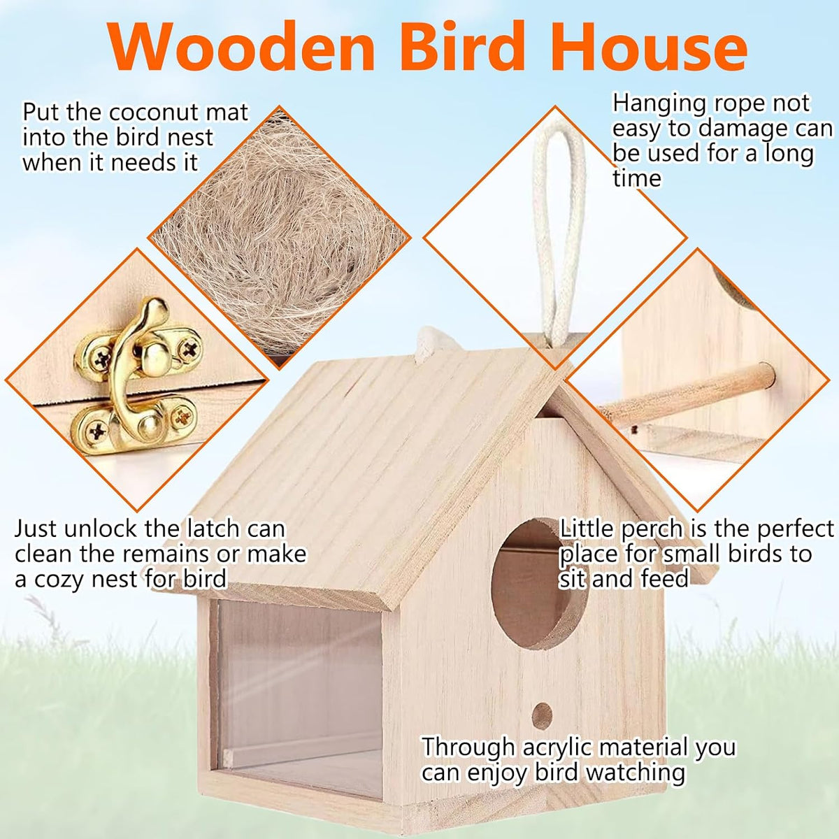 Wooden Bird House Transparent Outdoor Bird House Hanging Nests Box Garden Patio DIY Decorative for Wren Swallow