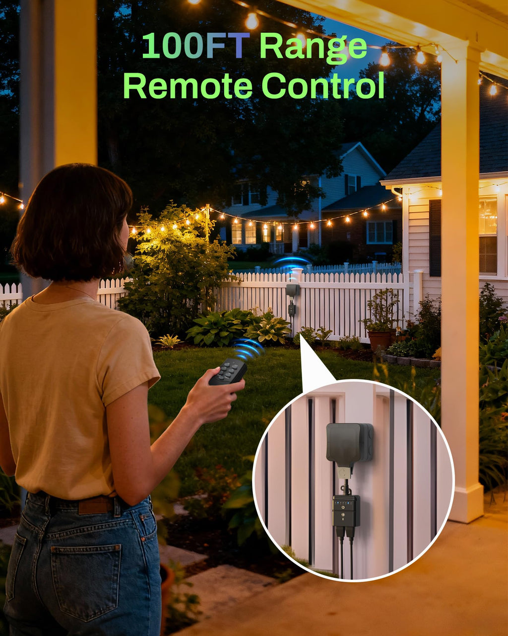 BN-LINK Outdoor Timer for Lights, 100FT Remote Control