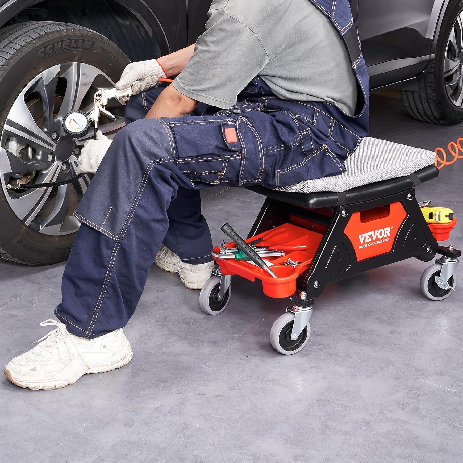 Mechanic Stool 300 LBS Capacity Garage Stool Gift for Men, Heavy Duty Rolling Mechanics Seat, with Three Slide Out