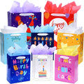 8 Pack Birthday Gift Bags Assorted Sizes with Tissue Paper