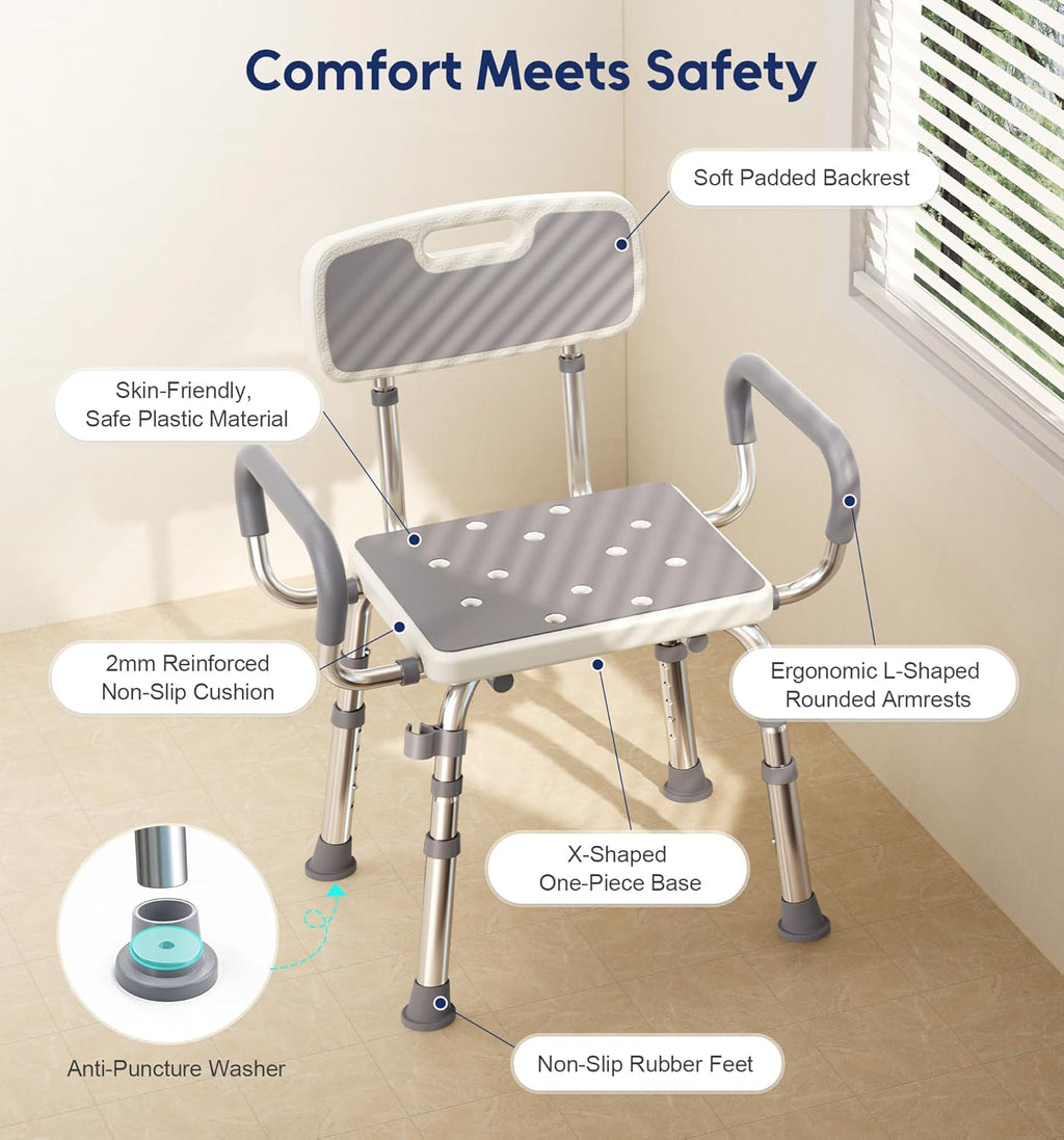 Shower Chair for Inside Shower with Arms and Back, 500lbs Capacity Height Adjustable Shower Seat with Thickened Frame